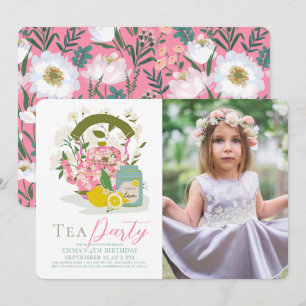 Pink Floral Kettle Lemon Tea Party Girl Birthday Invitation