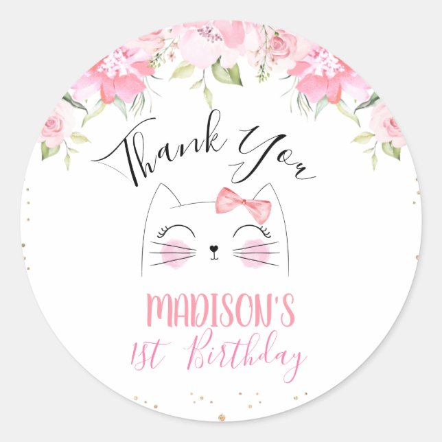 Pink Floral Kitten Face and Bow Birthday  Classic Round Sticker (Front)