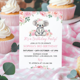 Pink Floral Koala Girl Birthday Invitation