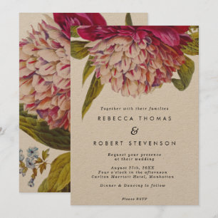 pink floral kraft vintage boho wedding invitation