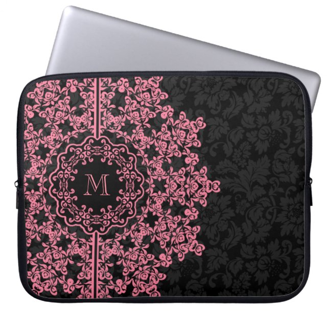 Pink Floral Lace Black Damasks Monogramed Laptop Sleeve (Front)