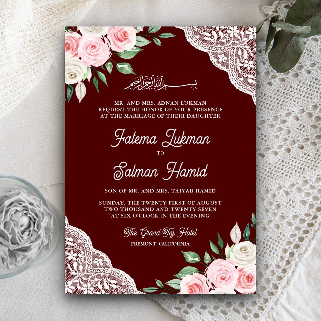 Pink Floral Lace Burgundy QR Code Muslim Wedding Invitation (Creator Uploaded)