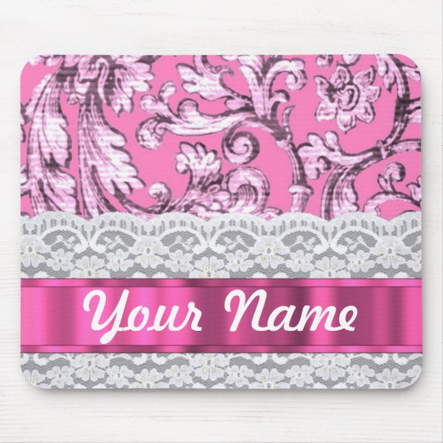 Pink floral lace pattern mouse pad (Front)