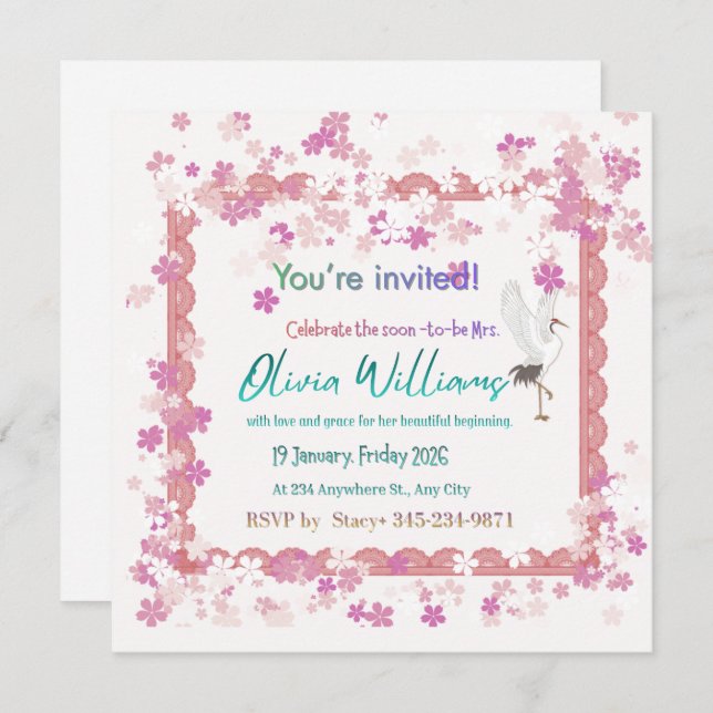 Pink Floral Lace Stork Bridal Shower Invitation |  (Front/Back)