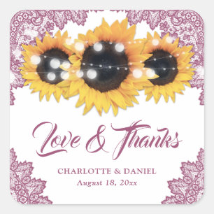 Pink Floral Lace Sunflower Wedding Thank You Square Sticker