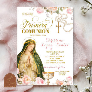Pink Floral Lady of Guadalupe Primera Comunion Inv Invitation