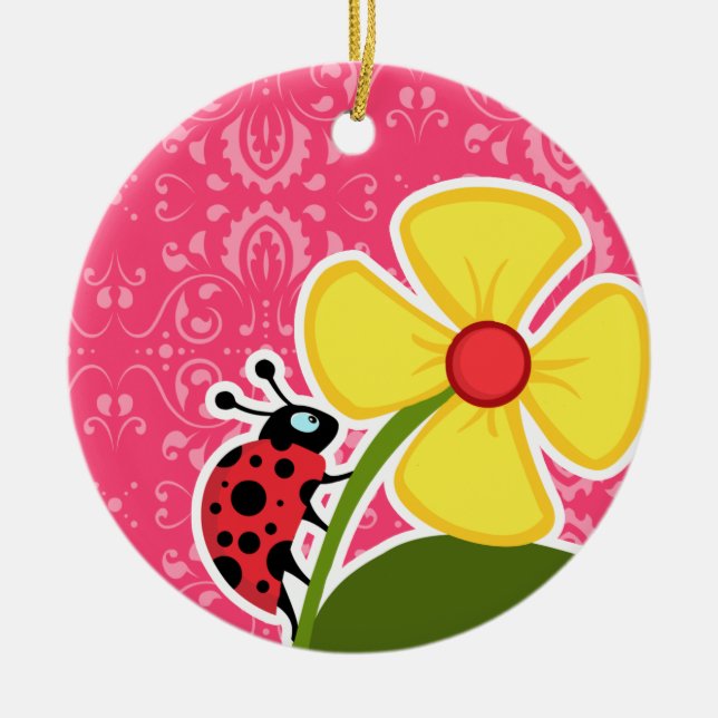 Pink Floral; Ladybug Ceramic Tree Decoration (Front)