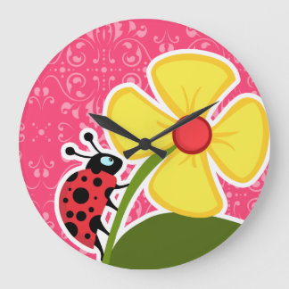Pink Floral; Ladybug Large Clock