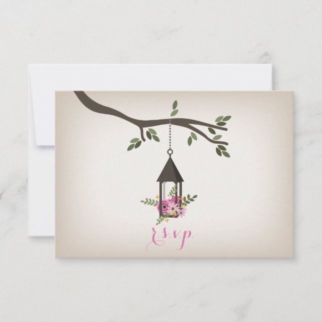 Pink Floral Lantern Tree Wedding R.S.V.P. RSVP Card (Front)