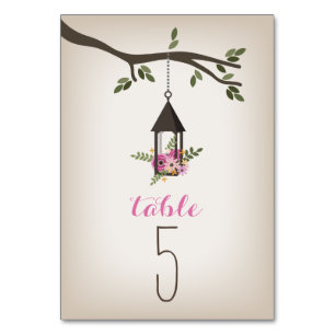 Pink Floral Lantern & Tree Wedding Table Number