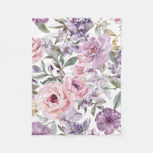 Pink Floral Lavender Rose Watercolor Purple Flower Fleece Blanket