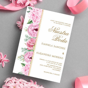 Pink Floral Leaves Nuestra Boda Spanish Wedding Invitation