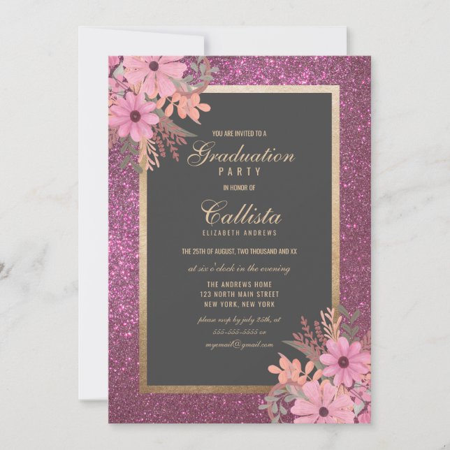 Pink Floral Leaves Watercolor Glitter Graduation Invitation (Front)