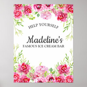 Pink Floral Leaves White Birthday Party Ice Cream Poster