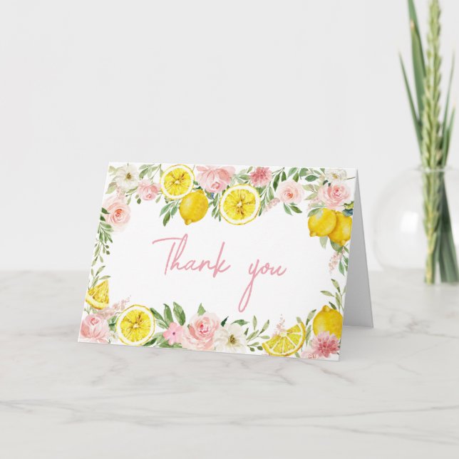 Pink Floral Lemon Baby Shower Thank You Card (Front)