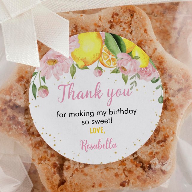Pink Floral Lemon Birthday Baby Shower Classic Round Sticker (Creator Uploaded)