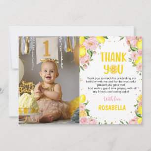 Pink Floral Lemon Birthday Photo Thank You Card