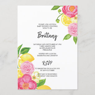 Pink Floral Lemon Gender Neutral Baby Shower Invitation