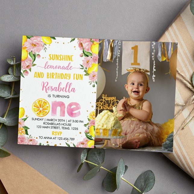 Pink Floral Lemon Girl 1st Birthday Invitation (Creator Uploaded)