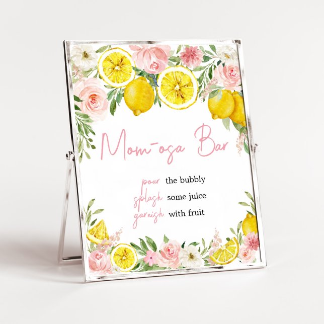 Pink Floral Lemon Mum Osa Bar Poster (Summer Lemon Citrus Baby Shower Mom Osa Bar Sign)