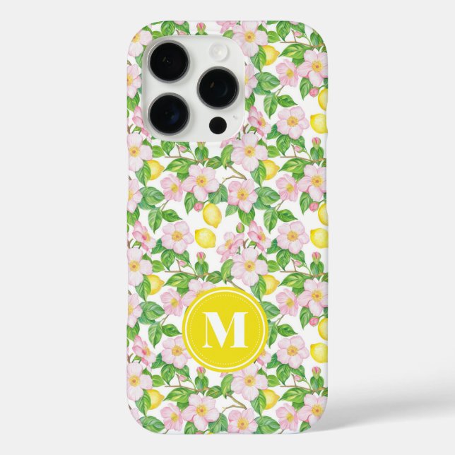 Pink Floral Lemon Pattern Monogram Case-Mate iPhone Case (Back)