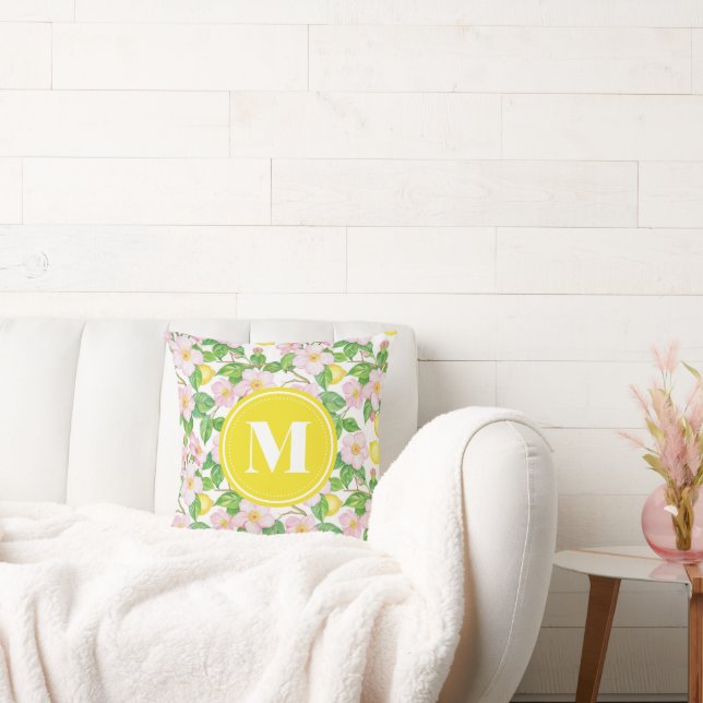 Pink Floral Lemon Pattern Monogram Cushion (Couch)