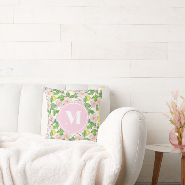 Pink Floral Lemon Pattern Monogram Cushion (Couch)