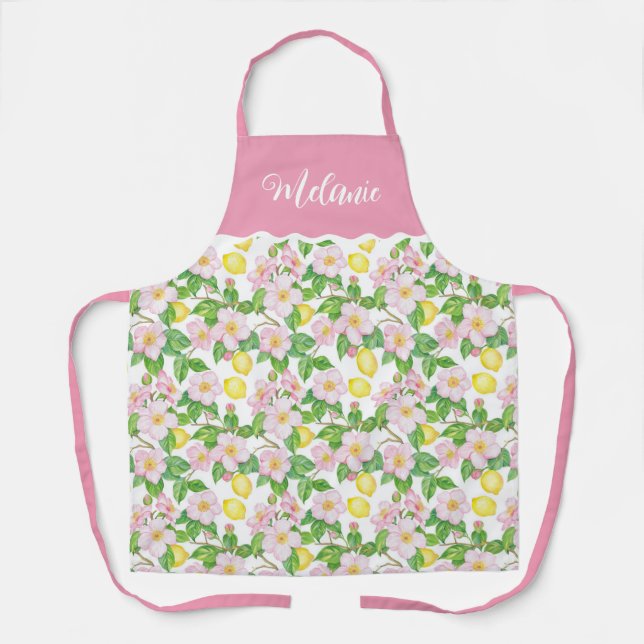 Pink Floral Lemon Pattern Personalised Name Apron (Front)