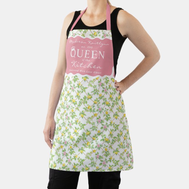 Pink Floral Lemons Citrus Queen of the Kitchen Apron (Insitu)