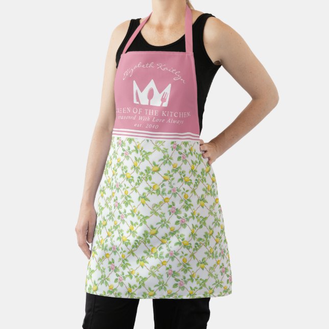 Pink Floral Lemons Citrus Queen of the Kitchen Apron (Insitu)