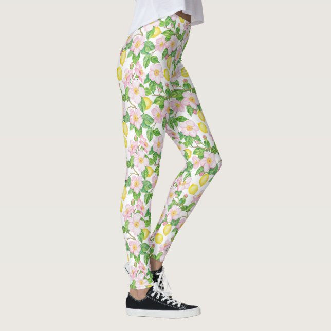 Pink Floral Lemons Pattern  Leggings (Right)