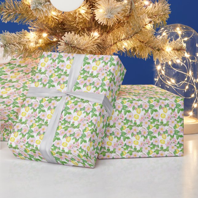 Pink Floral Lemons Pattern  Wrapping Paper (Holidays)