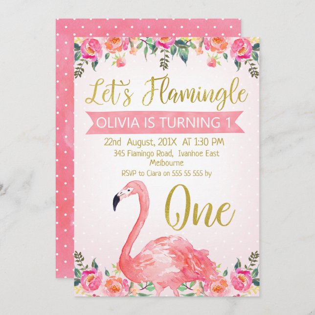 Pink Floral Let's Flamingle Birthday Invitation (Front/Back)