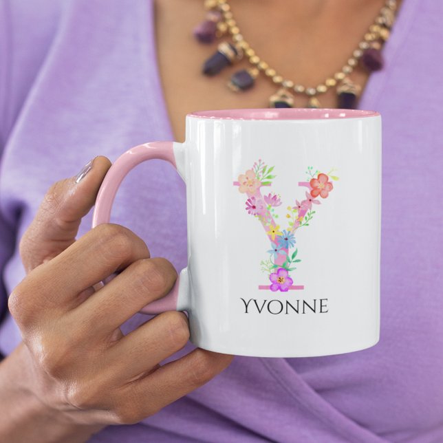 Pink Floral Letter Y Initial Monogram and Name Two-Tone Coffee Mug (Creator Uploaded)