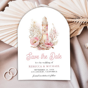 Pink Floral Lighthouse Nautical Arch Photo Wedding Save The Date