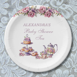 Pink Floral Lilac Tea Party Baby Girl Shower Paper Plate