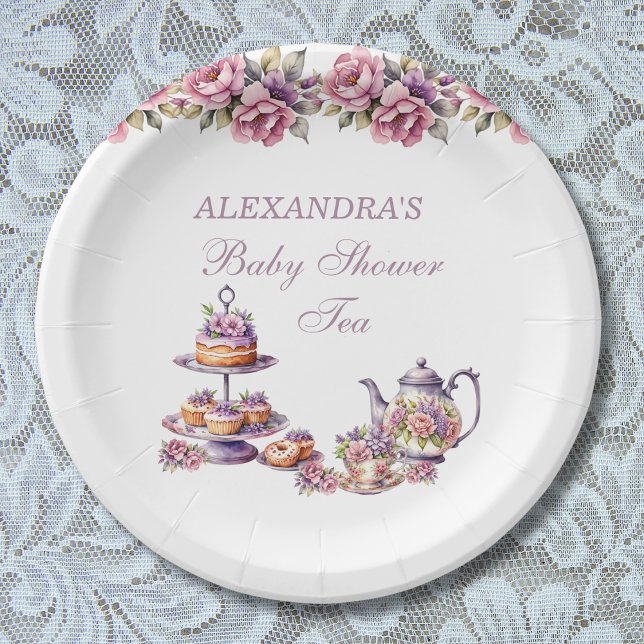 Pink Floral Lilac Tea Party Baby Girl Shower Paper Plate (Creator Uploaded)