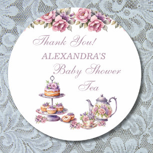 Pink Floral Lilac Tea Party Baby Shower Favour Classic Round Sticker