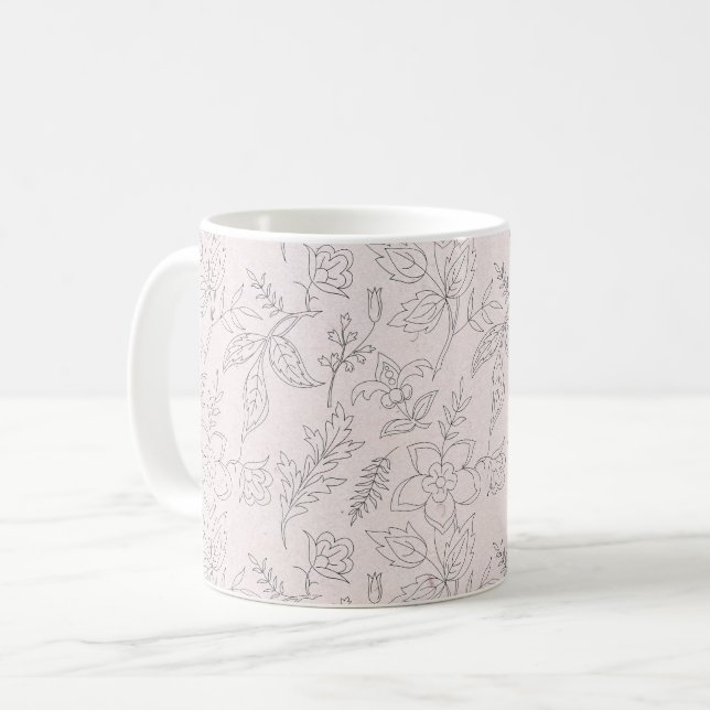 Pink Floral Line Art Pattern Coffee Mug (Front Left)