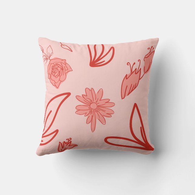 Pink Floral Line Art Pattern Cushion (Back)