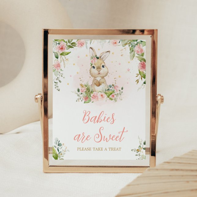 Pink Floral Little Bunny Babies are Sweet Poster (Girl Peter Rabbit Baby Shower Babies are Sweet Sign)