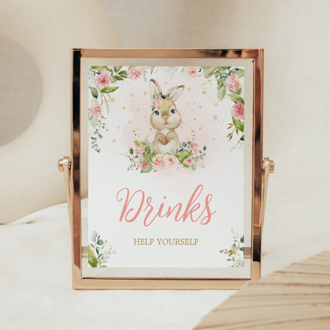 Pink Floral Little Bunny Baby Shower Drinks Poster (Girl Peter Rabbit Baby Shower Drinks Sign)