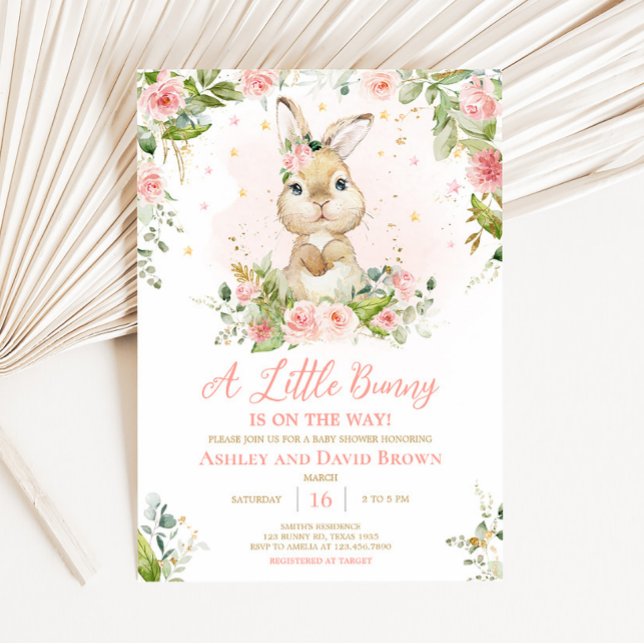 Pink Floral Little Bunny Baby Shower Invitation (Girl Peter Rabbit Baby Shower Invitation)