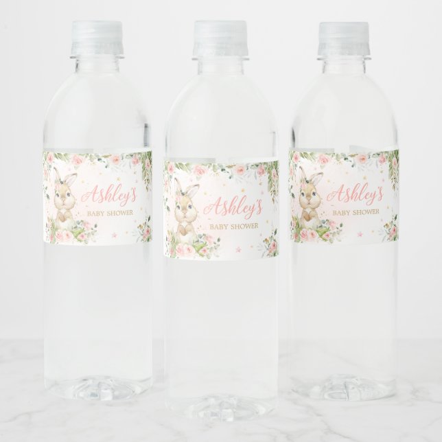Pink Floral Little Bunny  Water Bottle Label (Bottles)