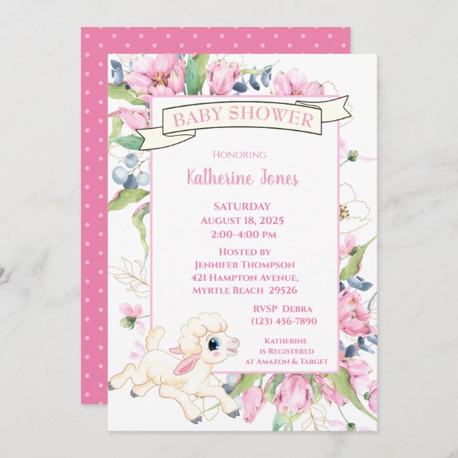 Pink Floral Little Lamb Baby Shower Invitation (Front/Back)