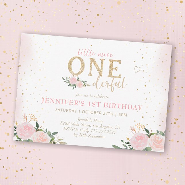 Pink Floral Little Miss Onederful 1st Birthday Invitation (Creator Uploaded)