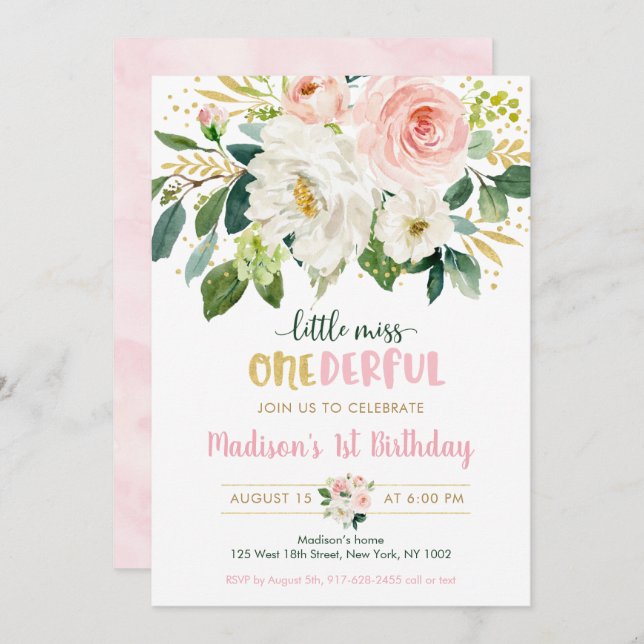 Pink Floral Little Miss Onederful First Birthday Invitation (Front/Back)
