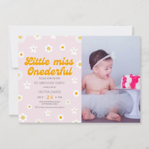 Pink floral little miss onederful photo birthday invitation