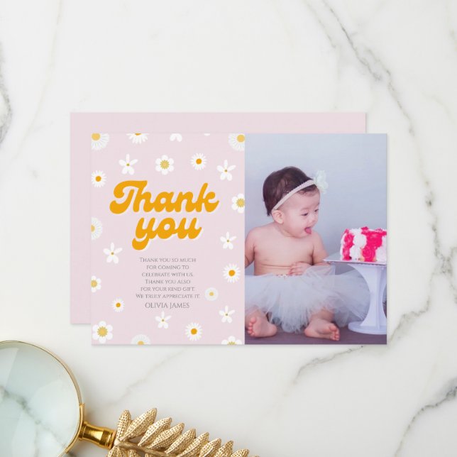 Pink floral little miss onederful photo birthday thank you card (Front/Back In Situ)