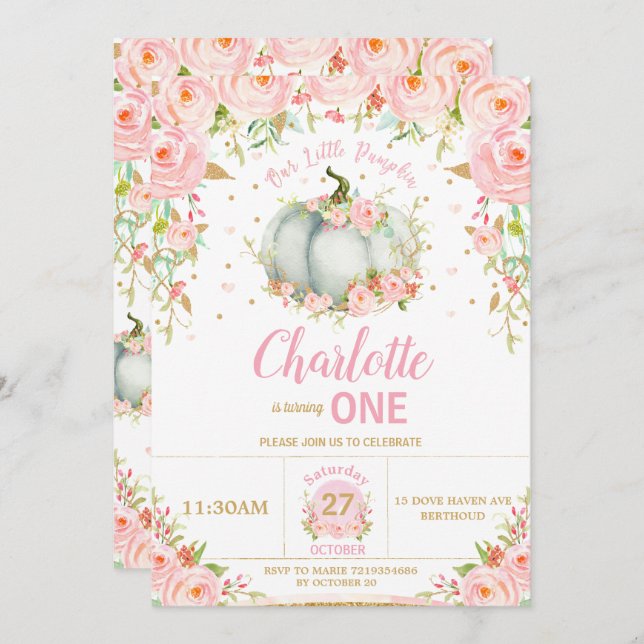 Pink Floral Little Pumpkin1st First Birthday Invitation (Front/Back)